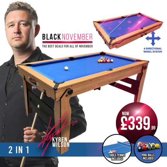 BCE 5ft Razor Folding 2 in 1 Pool Table with Table Tennis Top - Blue Cloth/ Oak Finish - Folds Flat