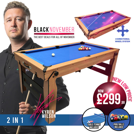 BCE 5ft Razor Folding 2 in 1 Pool Table with Table Tennis Top - Blue Cloth/ Oak Finish - Folds Flat