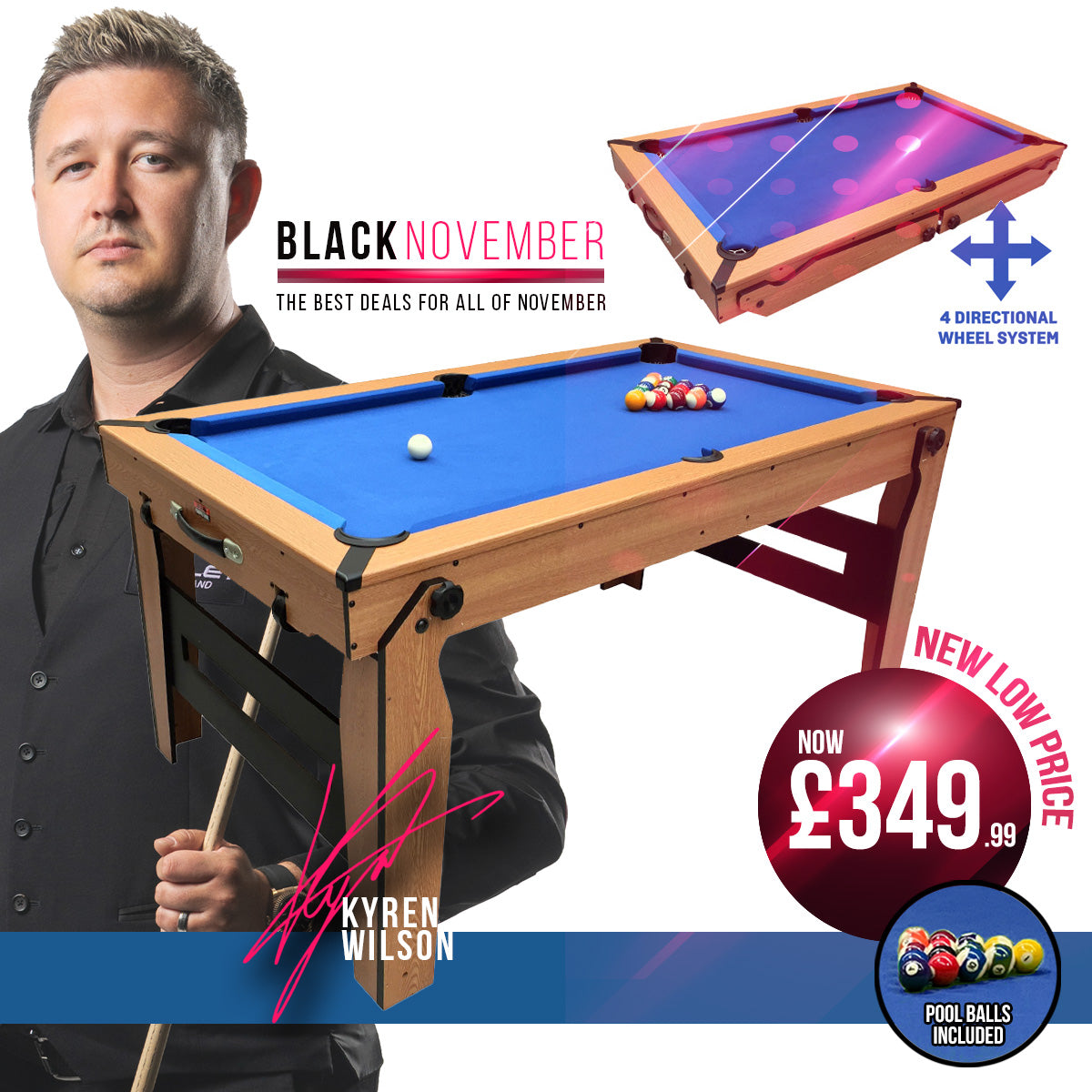 BCE 6ft Razor Folding Pool Table - Blue Cloth/ Oak Finish - Folds Flat - Free Table Tennis Top