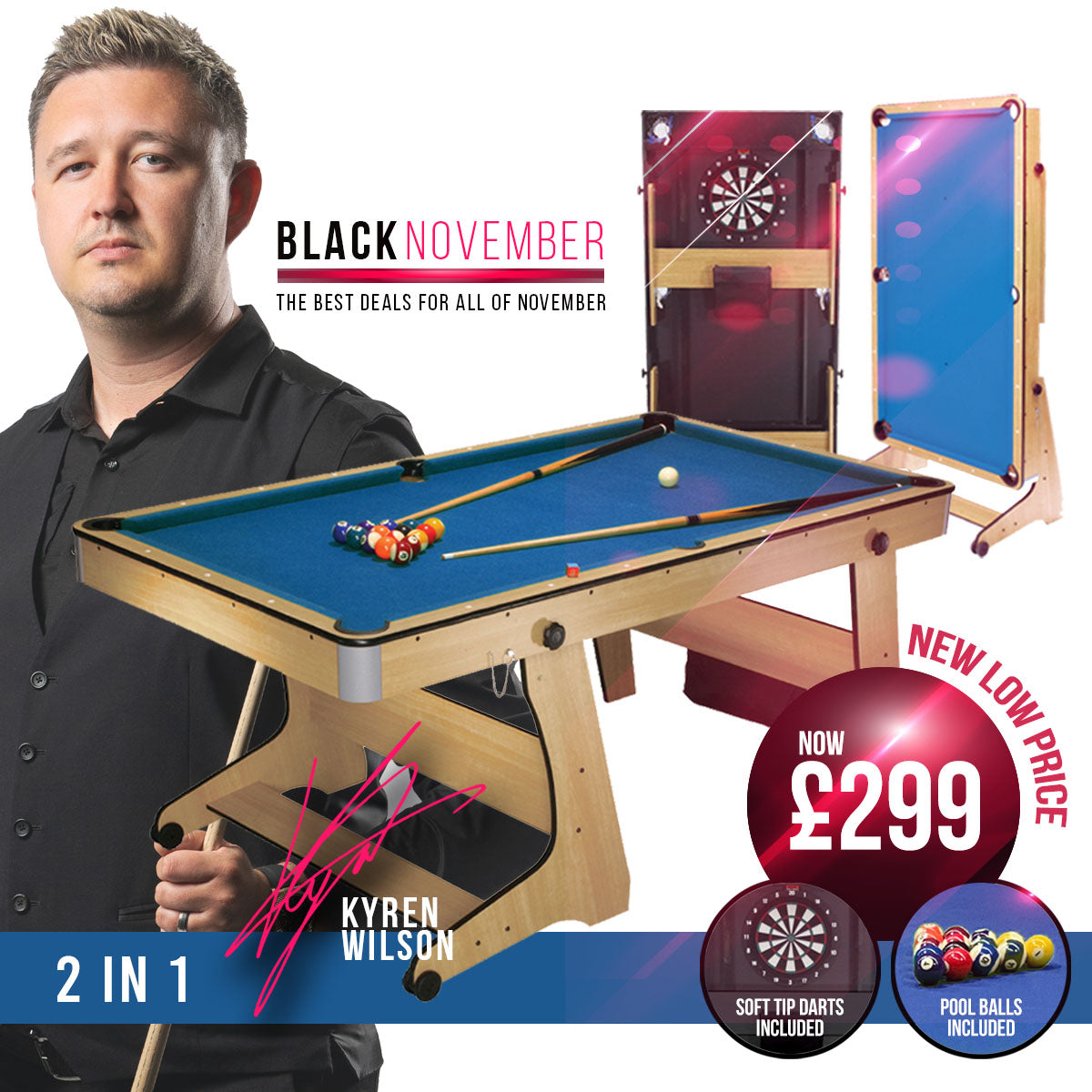 BCE 6ft Folding 2 in 1 Pool Table with Dartboard - Blue Cloth/ Beech Finish - Folds Vertically