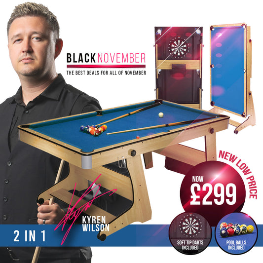 BCE 6ft Folding 2 in 1 Pool Table with Dartboard - Blue Cloth/ Beech Finish - Folds Vertically