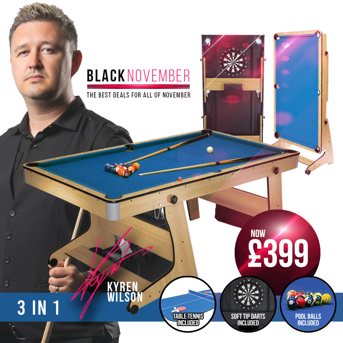 BCE 6ft Folding 3 in 1 Pool Table with Table Tennis Top and Dartboard - Blue Cloth/ Beech Finish - Folds Vertically