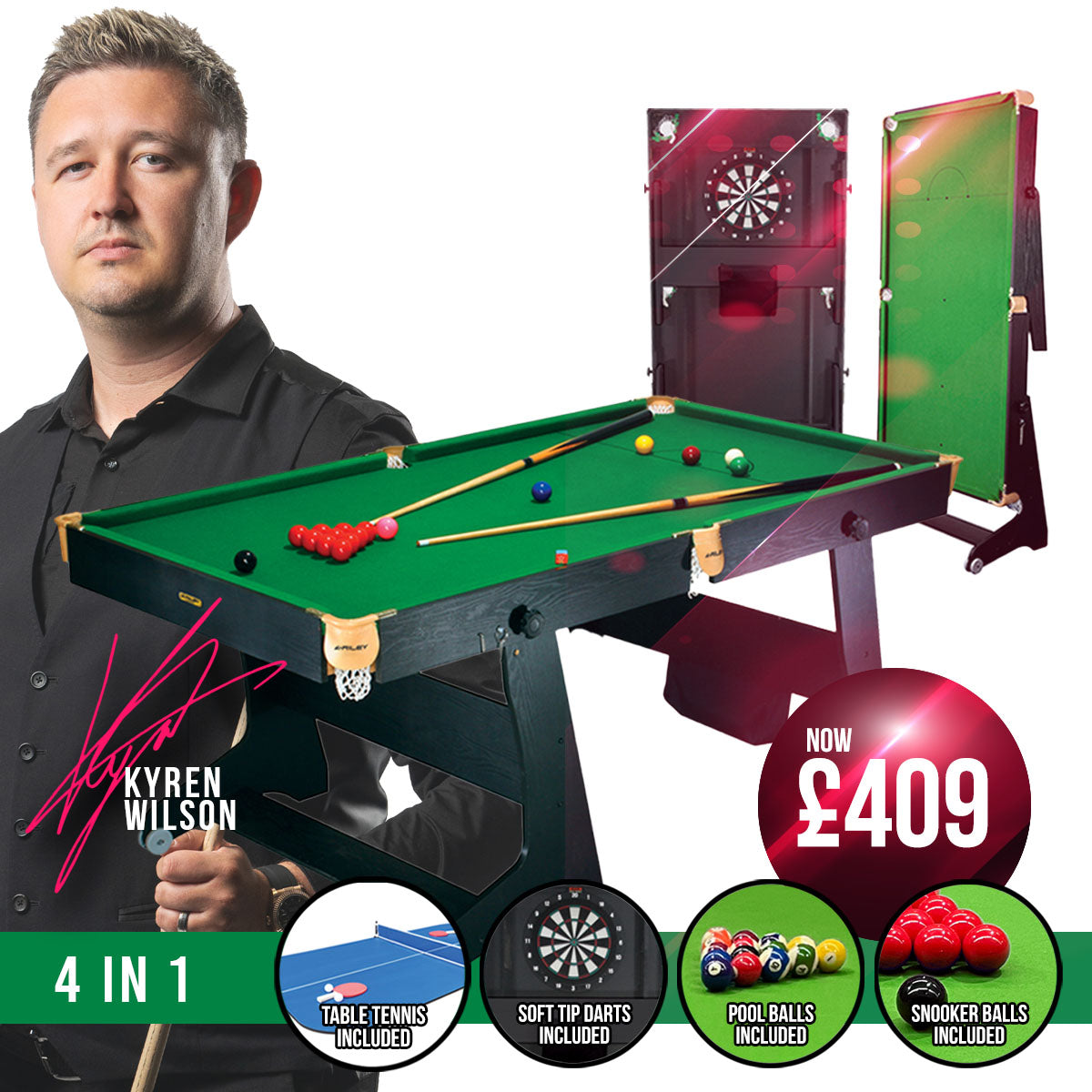 Riley 6ft 4 in 1 Folding Snooker Table - Snooker, Pool, Dartboard and Table Tennis Top - Black/Wood Effect with Green Cloth - Folds Vertically