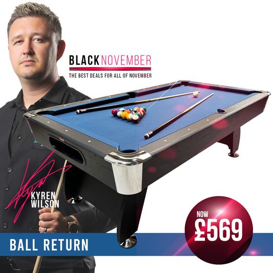 BCE 7ft Black Cat American Pool Table - Black/Wood Effect with Blue Cloth - Fixed Leg - Ball Return System