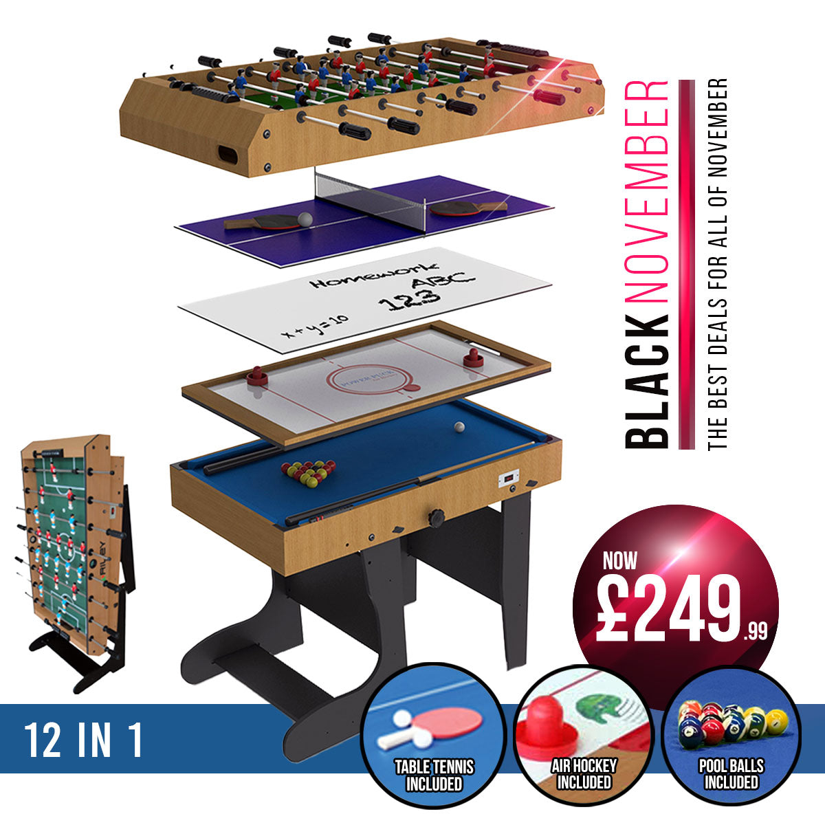 Riley 4ft 12 in 1 Multi Games Table - Natural Wood Finish/ Black Legs - Folds Vertically