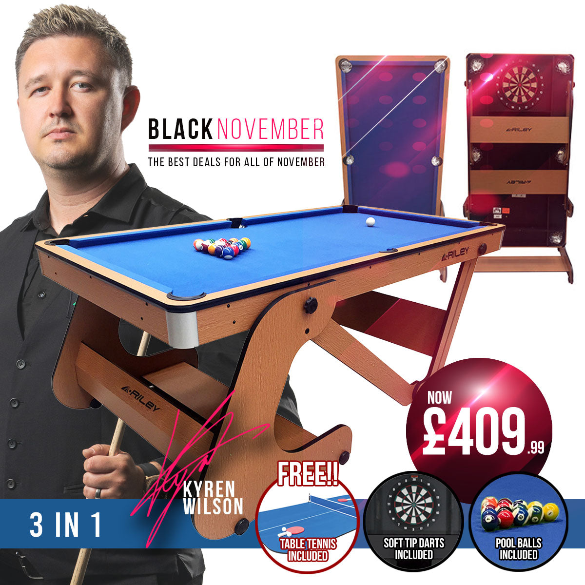Riley 6ft Folding Pool Table with dartboard - Beech Finish with Blue Cloth - Folds Vertically - Free Table Tennis Top