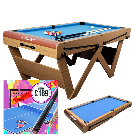 Riley 6ft Folding Snooker and Pool Table - Oak Finish with Blue Cloth - Folds Flat