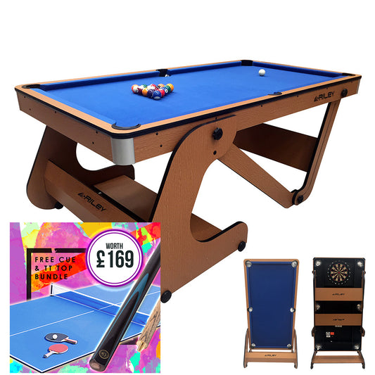 Riley 6ft Folding Pool Table with dartboard - Beech Finish with Blue Cloth - Folds Vertically - Free Table Tennis Top