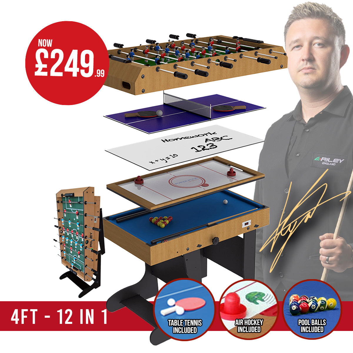 Riley 4ft 12 in 1 Multi Games Table - Natural Wood Finish/ Black Legs - Folds Vertically