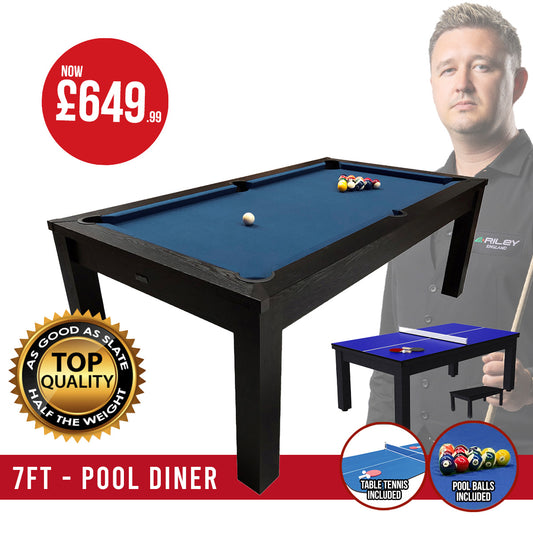 Riley 7ft 3 in 1 Semi Pro American Pool Table - Black Ash with Blue Cloth - Metal Frame - Dining Table - Table Tennis