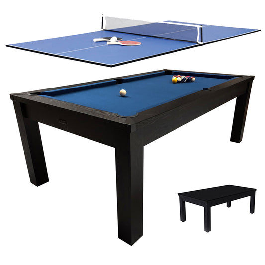 Riley 7ft 3 in 1 Semi Pro American Pool Table - Black Ash with Blue Cloth - Metal Frame - Dining Table - Table Tennis