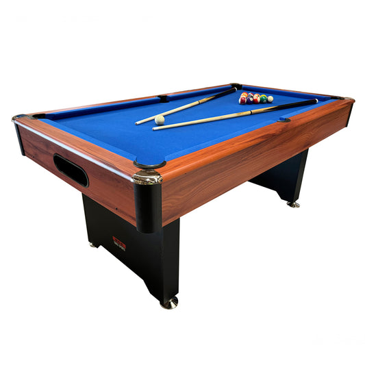 BCE 6ft American Pool Table - Black/Wood Effect with Blue Cloth - Fixed Leg - Ball Return System