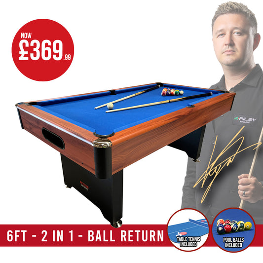 BCE 6ft 2 in 1 American Pool Table with Table Tennis Top - Black/Wood Effect with Blue Cloth - Fixed Leg - Ball Return System