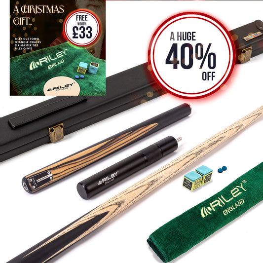 Riley Elegance - 3 Piece Snooker Cue - 3/4 Cut Cue - Layered Ebonised Black Wood Butt - 9.5mm Laminated Tip - 145cm - Black/ Natural White Ebony Front Splice