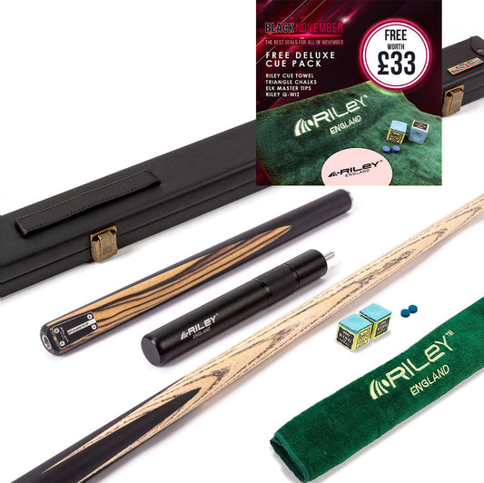 Riley Elegance - 3 Piece Snooker Cue - 3/4 Cut Cue - Layered Ebonised Black Wood Butt - 9.5mm Laminated Tip - 145cm - Black/ Natural White Ebony Front Splice