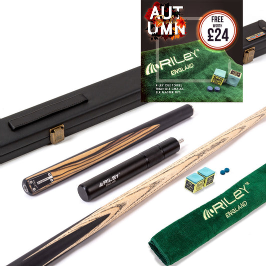 Riley Elegance - 3 Piece Snooker Cue - 3/4 Cut Cue - Layered Ebonised Black Wood Butt - 9.5mm Laminated Tip - 145cm - Black/ Natural White Ebony Front Splice