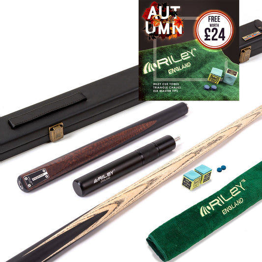 Riley Elegance - 3 Piece Snooker Cue - 3/4 Cut Cue - Layered Ebonised Black Wood Butt - 9.5mm Laminated Tip - 145cm - Black/ Natural Snake Wood Front Splice