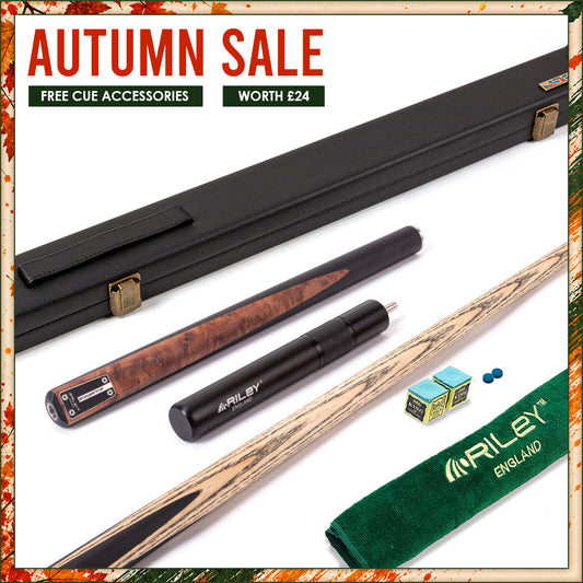 Riley Elegance - 3 Piece Snooker Cue - 3/4 Cut Cue - Layered Ebonised Black Wood Butt - 9.5mm Laminated Tip - 145cm - Black/ Natural Golden Madrone Burl  Front Splice