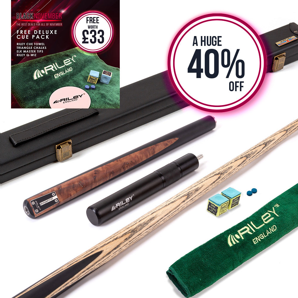Riley Elegance - 3 Piece Snooker Cue - 3/4 Cut Cue - Layered Ebonised Black Wood Butt - 9.5mm Laminated Tip - 145cm - Black/ Natural Golden Madrone Burl  Front Splice