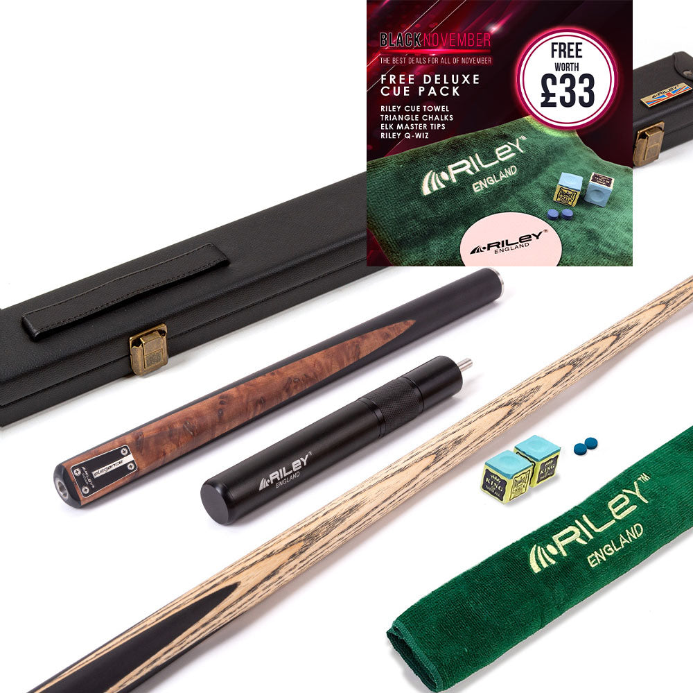 Riley Elegance - 3 Piece Snooker Cue - 3/4 Cut Cue - Layered Ebonised Black Wood Butt - 9.5mm Laminated Tip - 145cm - Black/ Natural Golden Madrone Burl  Front Splice