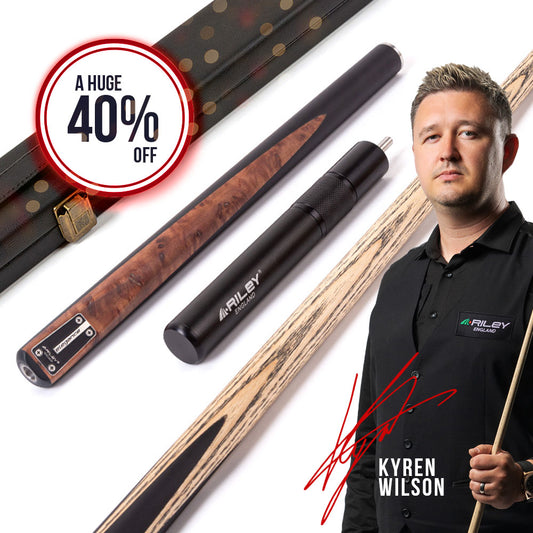 Riley Elegance - 3 Piece Snooker Cue - 3/4 Cut Cue - Layered Ebonised Black Wood Butt - 9.5mm Laminated Tip - 145cm - Black/ Natural Golden Madrone Burl  Front Splice