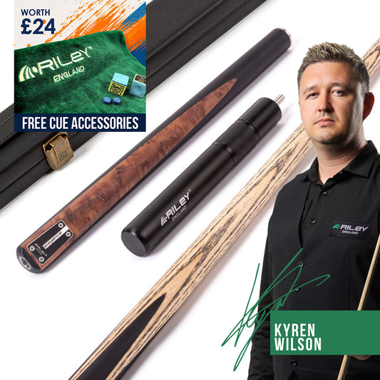 Riley Elegance - 3 Piece Snooker Cue - 3/4 Cut Cue - Layered Ebonised Black Wood Butt - 9.5mm Laminated Tip - 145cm - Black/ Natural Golden Madrone Burl  Front Splice