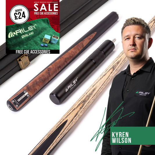 Riley Elegance - 3 Piece Snooker Cue - 3/4 Cut Cue - Layered Ebonised Black Wood Butt - 9.5mm Laminated Tip - 145cm - Black/ Natural Golden Madrone Burl  Front Splice