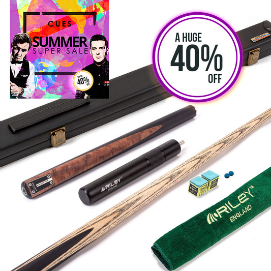 Riley Elegance - 3 Piece Snooker Cue and Hard Case 3/4 Cut- Ebony Butt- 9.5mm Laminated Tip - 145cm - Black/ Natural Golden Madrone Burl  Front Splice