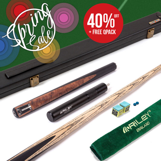 Riley Elegance - 3 Piece Snooker Cue - 3/4 Cut Cue - Layered Ebonised Black Wood Butt - 9.5mm Laminated Tip - 145cm - Black/ Natural Golden Madrone Burl  Front Splice