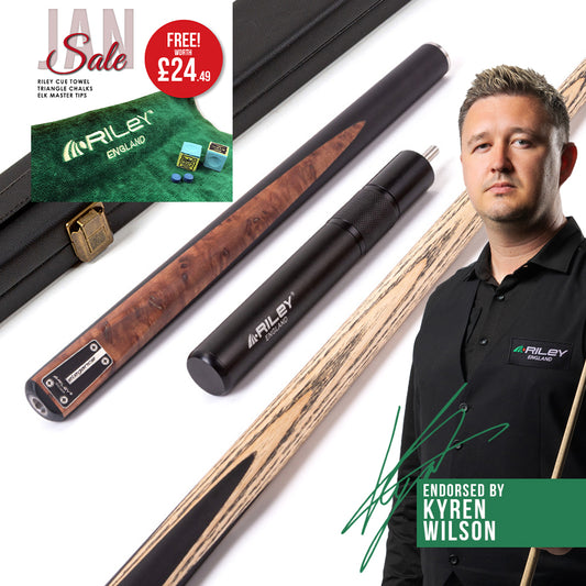 Riley Elegance - 3 Piece Snooker Cue - 3/4 Cut Cue - Layered Ebonised Black Wood Butt - 9.5mm Laminated Tip - 145cm - Black/ Natural Golden Madrone Burl  Front Splice