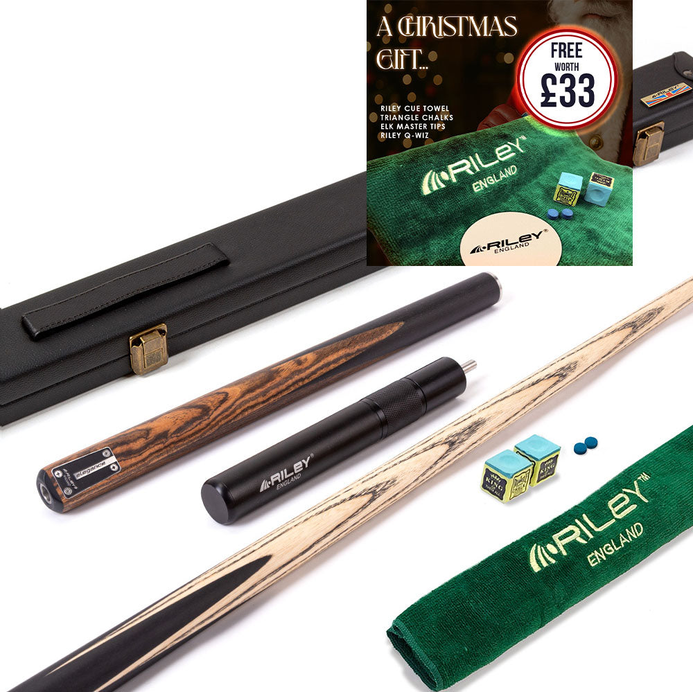 Riley Elegance - 3 Piece Snooker Cue - 3/4 Cut Cue - Layered Ebonised Black Wood Butt - 9.5mm Laminated Tip - 145cm - Black/ Natural Golden Sandal 360˚ Splicing