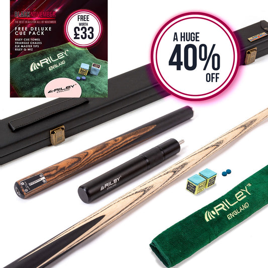 Riley Elegance - 3 Piece Snooker Cue - 3/4 Cut Cue - Layered Ebonised Black Wood Butt - 9.5mm Laminated Tip - 145cm - Black/ Natural Golden Sandal 360˚ Splicing