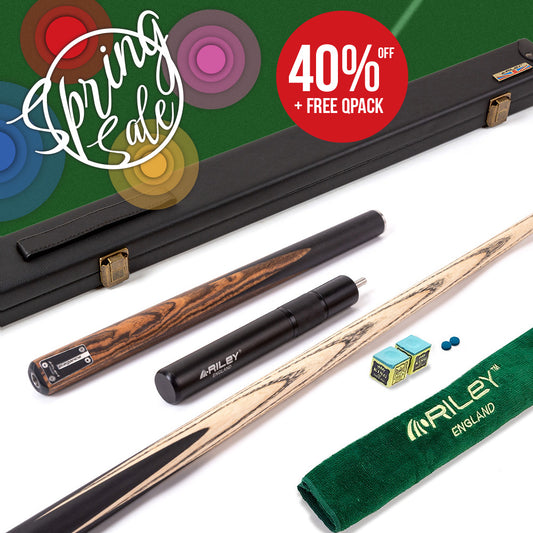Riley Elegance - 3 Piece Snooker Cue - 3/4 Cut Cue - Layered Ebonised Black Wood Butt - 9.5mm Laminated Tip - 145cm - Black/ Natural Golden Sandal 360˚ Splicing