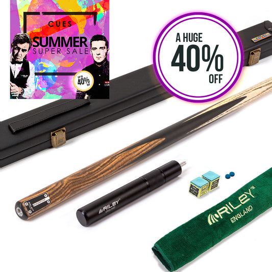 Riley Elegance - 1 Piece Snooker Cue and Hard Case - 1 Piece Cue - Ebony Butt- 9.5mm Laminated Tip - 145cm - Black/ Natural Golden Sandal 360˚ Splicing