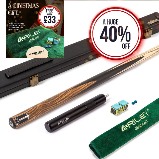 Riley Elegance - 1 Piece Snooker Cue and Hard Case - 1 Piece Cue - Ebony Butt- 9.5mm Laminated Tip - 145cm - Black/ Natural Golden Sandal 360˚ Splicing