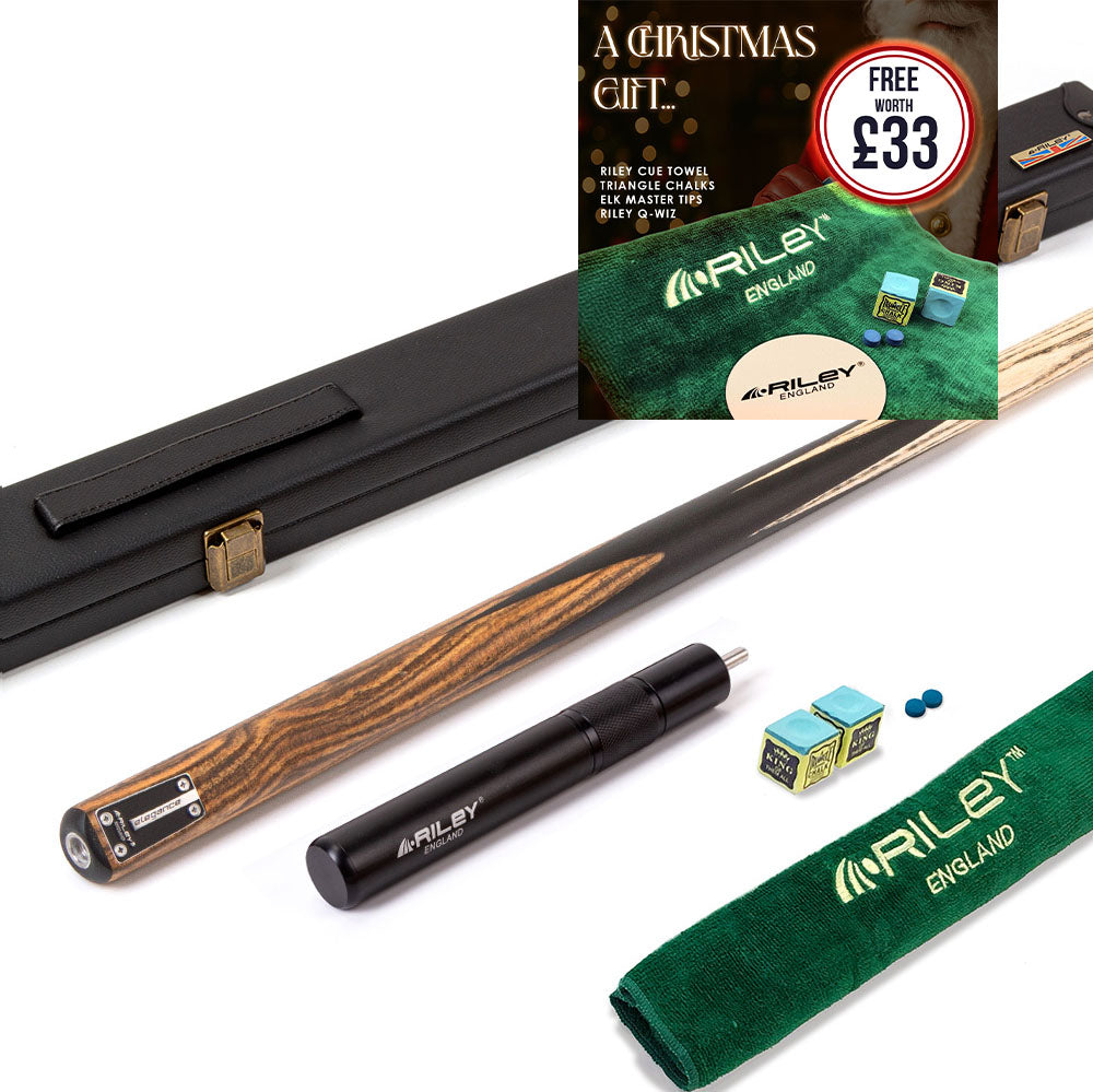 Riley Elegance - 1 Piece Snooker Cue and Hard Case - 1 Piece Cue - Ebony Butt- 9.5mm Laminated Tip - 145cm - Black/ Natural Golden Sandal 360˚ Splicing