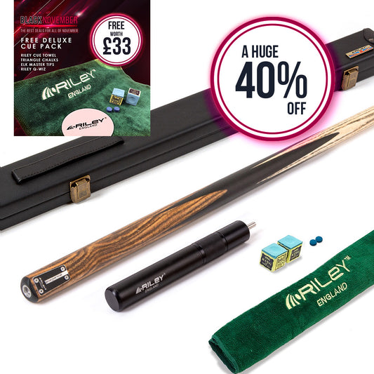 Riley Elegance - 1 Piece Snooker Cue and Hard Case - 1 Piece Cue - Ebony Butt- 9.5mm Laminated Tip - 145cm - Black/ Natural Golden Sandal 360˚ Splicing