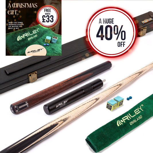 Riley Elegance - 3 Piece Snooker Cue - 3/4 Cut Cue - Layered Ebonised Black Wood Butt - 9.5mm Laminated Tip - 145cm - Black/ Natural Snake Wood 360˚ Splicing