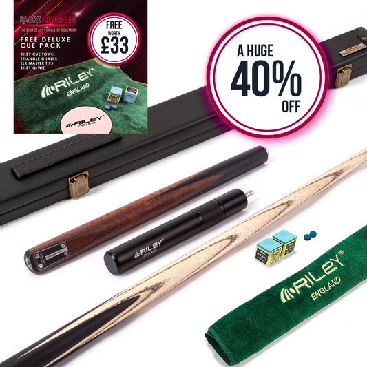 Riley Elegance - 3 Piece Snooker Cue - 3/4 Cut Cue - Layered Ebonised Black Wood Butt - 9.5mm Laminated Tip - 145cm - Black/ Natural Snake Wood 360˚ Splicing