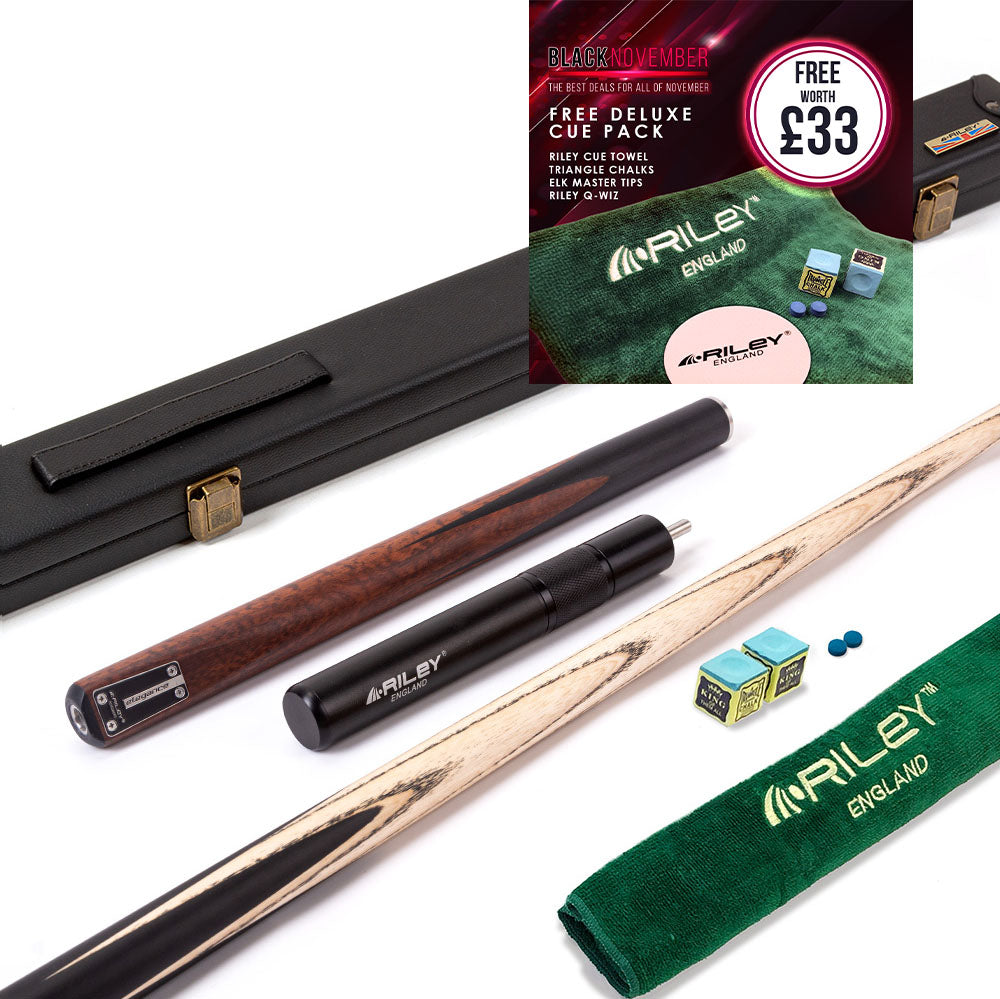 Riley Elegance - 3 Piece Snooker Cue - 3/4 Cut Cue - Layered Ebonised Black Wood Butt - 9.5mm Laminated Tip - 145cm - Black/ Natural Snake Wood 360˚ Splicing