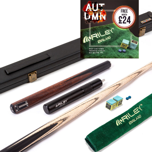 Riley Elegance - 3 Piece Snooker Cue - 3/4 Cut Cue - Layered Ebonised Black Wood Butt - 9.5mm Laminated Tip - 145cm - Black/ Natural Snake Wood 360˚ Splicing