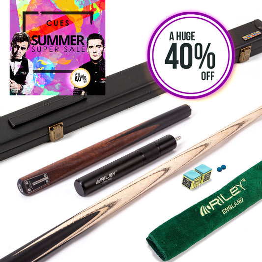 Riley Elegance - 3 Piece Snooker Cue and Hard Case - 3/4 Cut Cue - Ebony Butt- 9.5mm Laminated Tip - 145cm - Black/ Natural Snake Wood 360˚ Splicing