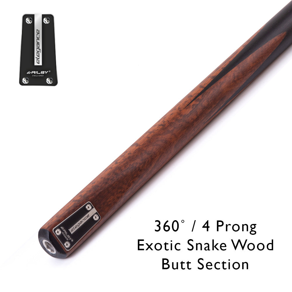 Riley Elegance - 3 Piece Snooker Cue - 3/4 Cut Cue - Layered Ebonised Black Wood Butt - 9.5mm Laminated Tip - 145cm - Black/ Natural Snake Wood 360˚ Splicing