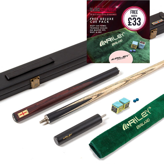 Riley England 3 Piece Snooker Cue - 3/4 Cut Cue - Layered Ebonised Black Wood Butt - 9.5mm Tip - 145cm - Black/ Dark Brown
