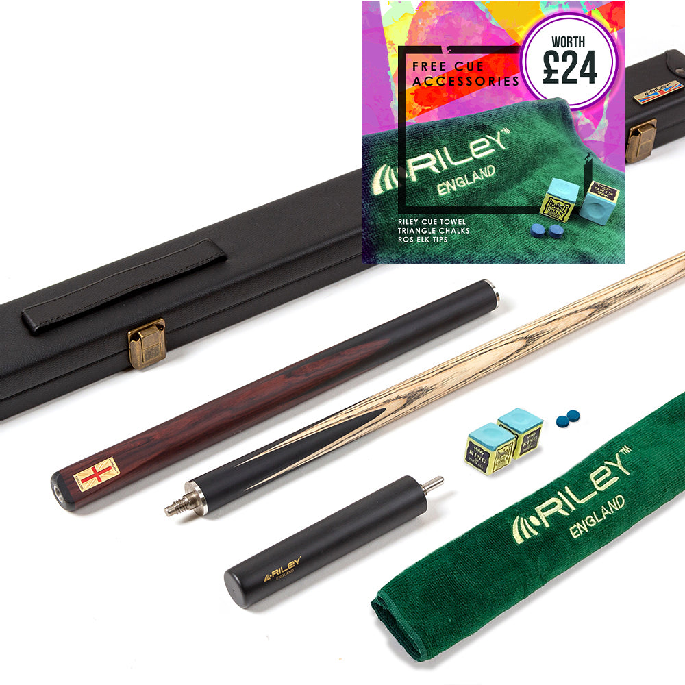 Riley England 3 Piece Snooker Cue and Hard Case 3/4 Cut- Layered Ebonised Black Wood Butt with 9.5mm Tip - 145cm - Black/ Dark Brown