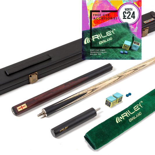 Riley England 3 Piece Snooker Cue and Hard Case 3/4 Cut- Layered Ebonised Black Wood Butt with 9.5mm Tip - 145cm - Black/ Dark Brown