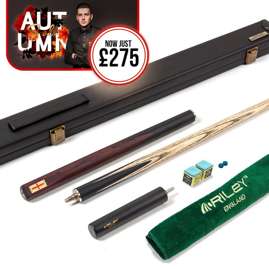 Riley England 3 Piece Snooker Cue - 3/4 Cut Cue - Layered Ebonised Black Wood Butt - 9.5mm Tip - 145cm - Black/ Dark Brown