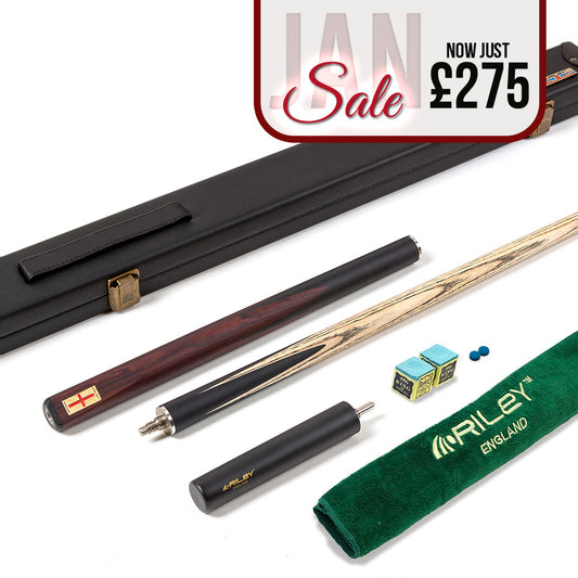 Riley England 3 Piece Snooker Cue - 3/4 Cut Cue - Layered Ebonised Black Wood Butt - 9.5mm Tip - 145cm - Black/ Dark Brown