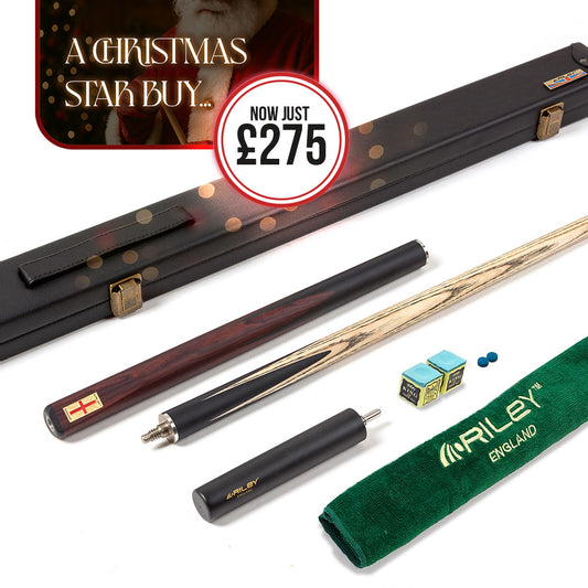 Riley England 3 Piece Snooker Cue - 3/4 Cut Cue - Layered Ebonised Black Wood Butt - 9.5mm Tip - 145cm - Black/ Dark Brown