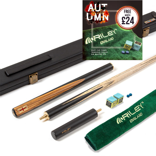Riley England 3 Piece Snooker Cue - 3/4 Cut Cue - Layered Ebonised Blackwood Butt - 9.5mm Tip - 145cm - Black/ Dark Wood